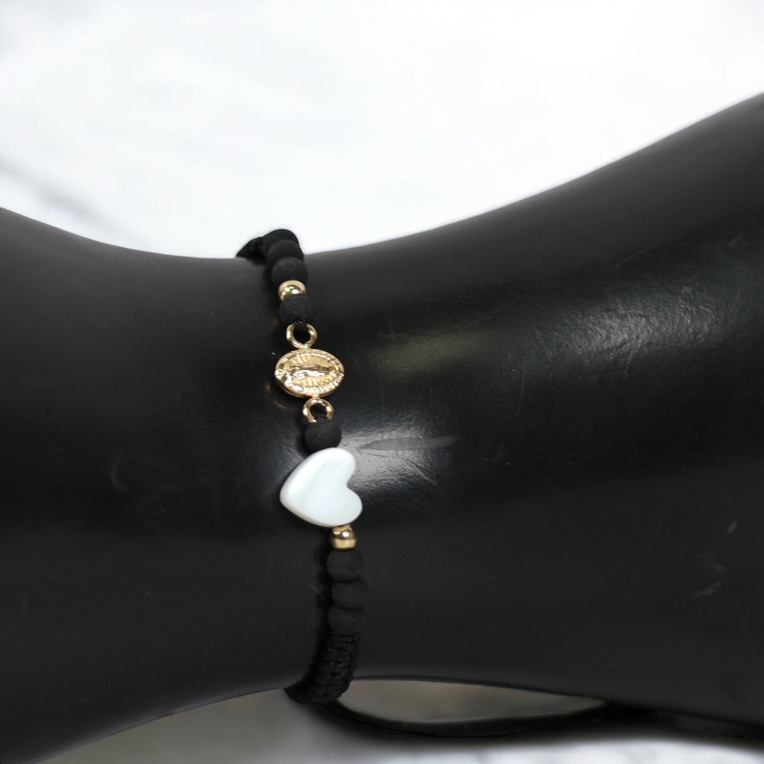 18K YG Virgin Of Guadalupe -Heart - Smooth Balls Bracelet Tejido / 0.4gr / Adjustable /