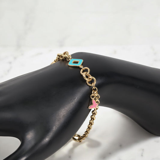 14K Yellow Gold Roll-On With Charms Fish/Butterfly Bracelet / 6gr / 4mm / 7.5in