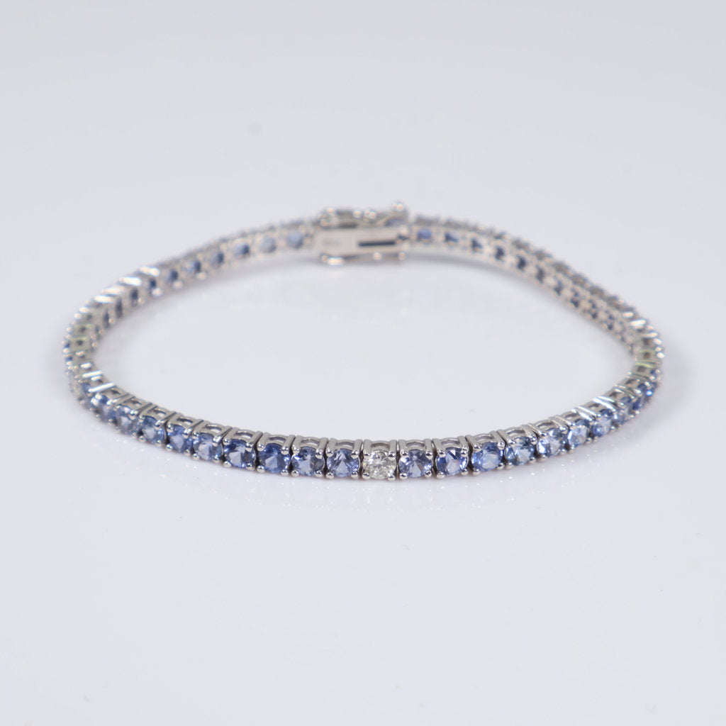 14K WG Diamond Tennis with Sapphire Bracelet / 9.6gr / 3.4mm / 7in / 0.35Ct / VS2-SI / G-H - 6.13Ct Sap