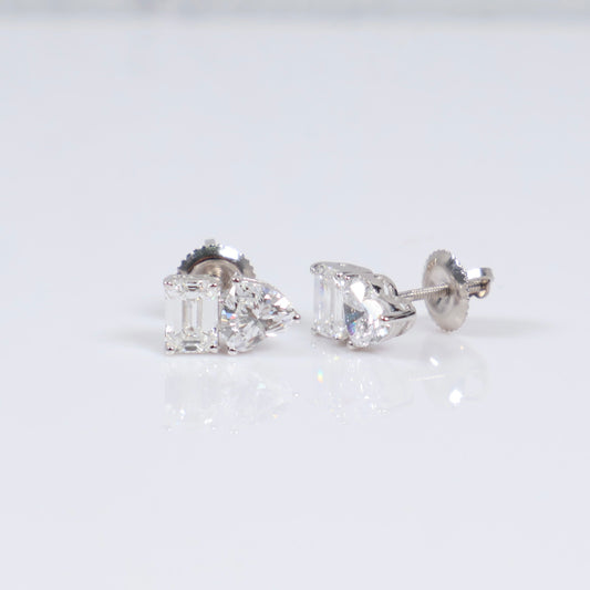 14K WG Lab Diamond Emerald Cut - Heart Cut Stud Earrings / 1.66gr / 9mm / 2 CTTW Lab VS / E-F