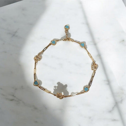 14K YG Paper Clip Heart-blue / Elephant Anklet / 5.38gr / 10in
