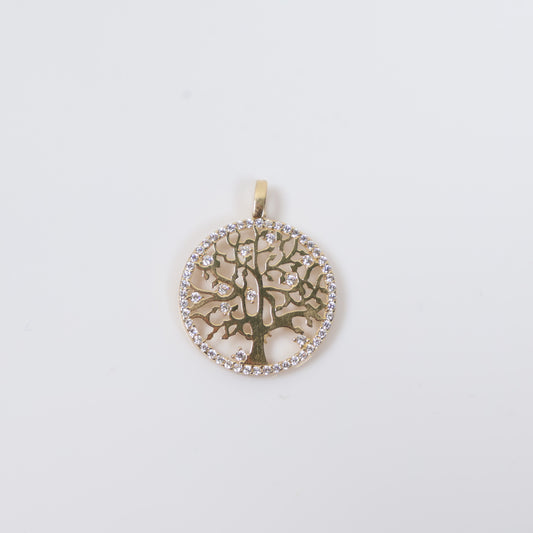 14K YG Round Tree Of Life Pendant / 1.7gr / 1in / White Zircons
