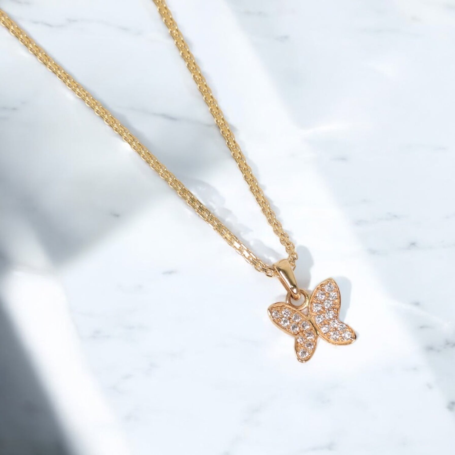 18K YG Butterfly Set Jewelry / 4.9gr / 1.6mm / 17in / Zircons