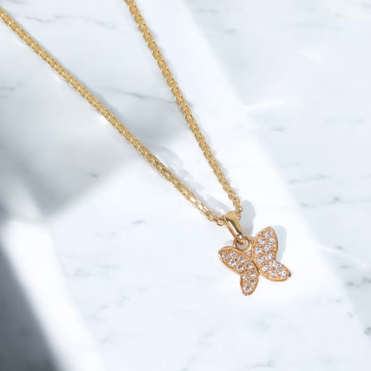 18K YG Butterfly Set Jewelry / 4.9gr / 1.6mm / 17in / Zircons
