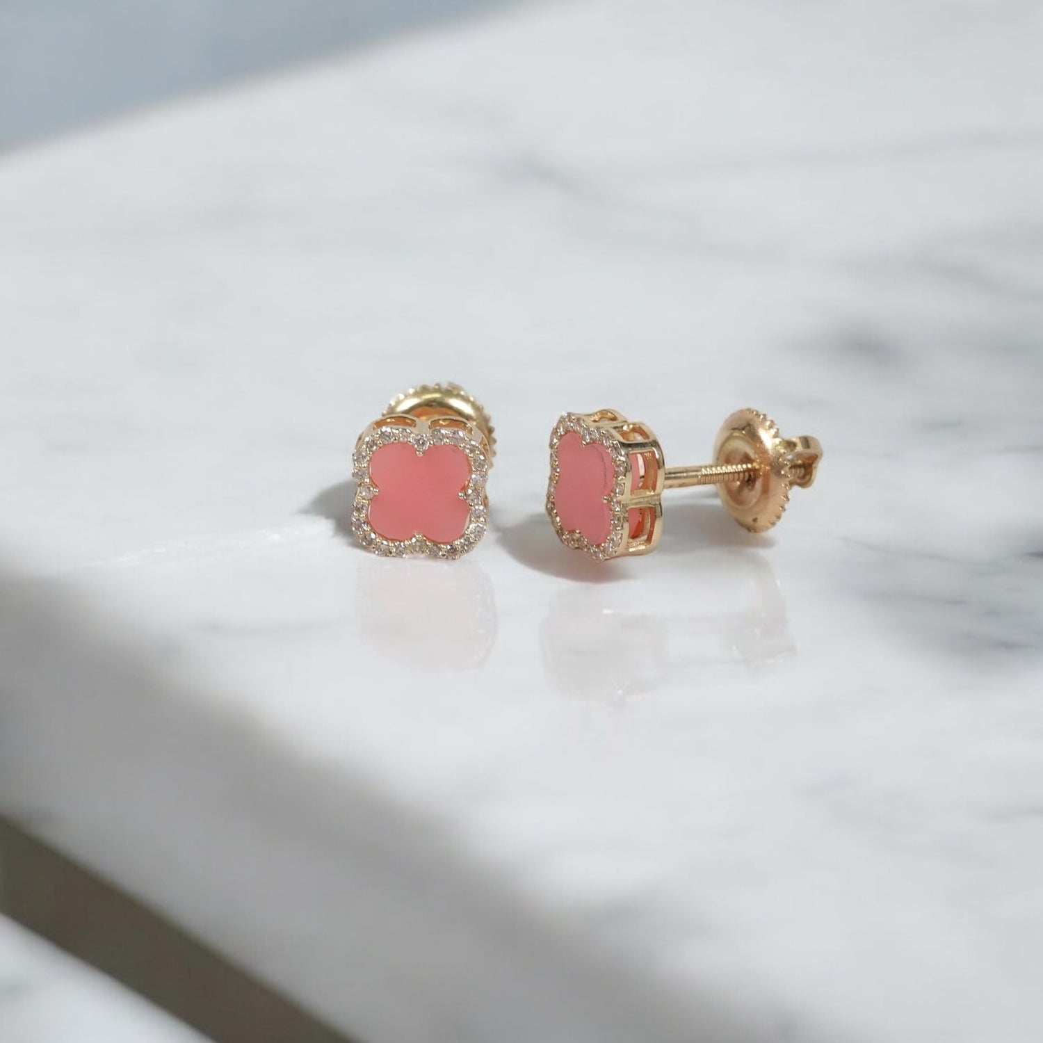 14K YG Pink Clover Stud Earrings / 1.26gr / 8mm / 0.18Ct Dia
