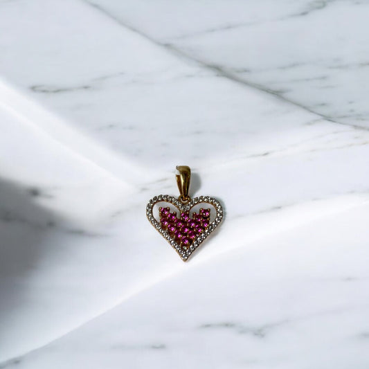 18K Yellow Gold Heart With Mesh Pendant With Fucshia/Whie Zircons / 1.94gr / 0.8in