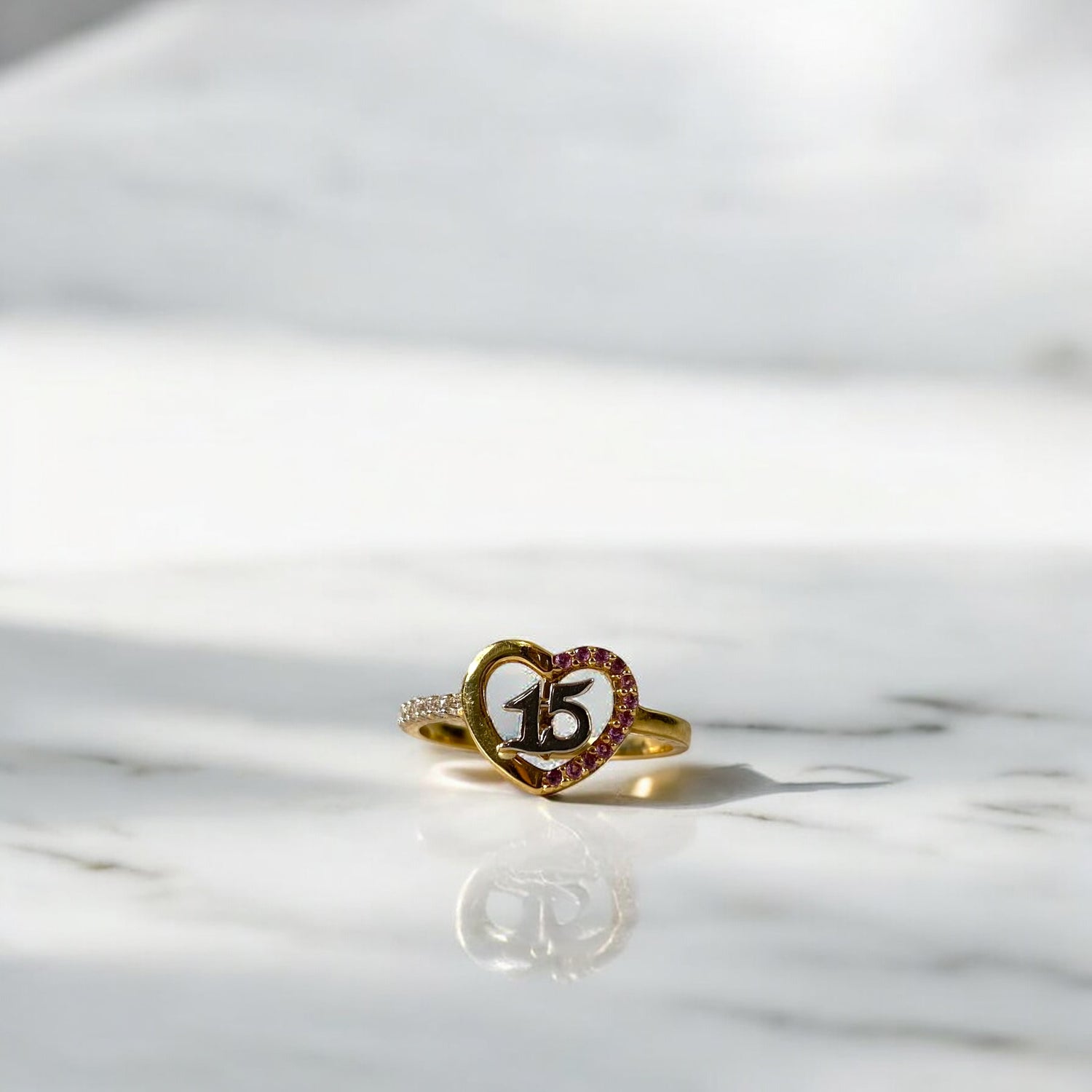 18K Yellow - White Gold Heart 15S Ring With Zircons / 2.3gr / Size 7 1/4