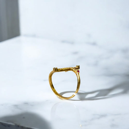 18K Yellow Gold Curved Cross Ring With Colored Zircons / 2.7gr / Size 6