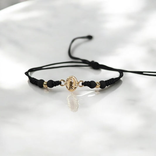 18K YG Virgin Of Guadalupe - Smooth Balls Bracelet Tejido / 0.4gr / Adjustable /