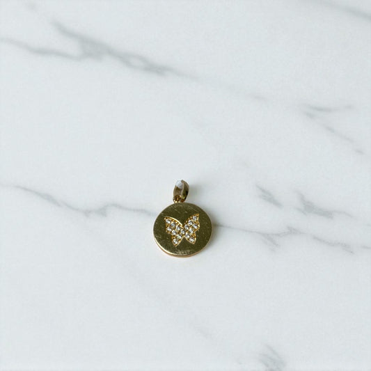 14K Yellow Gold Butterfly Circle Pendant With Zircons / 1.2gr / 0.7in