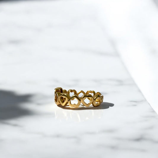 18K Yellow Gold Hearts Necklace Ring With Zircons / 2.6gr / Size 7 1/4