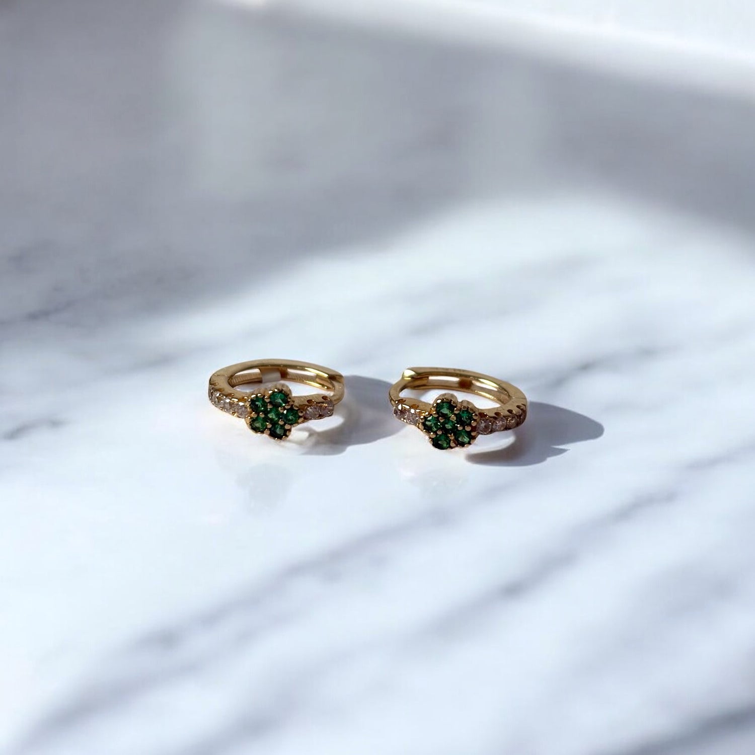 14K Yellow Gold Luxury Huggie Flower Hoop Earrings With Green Zircons / 1.2gr