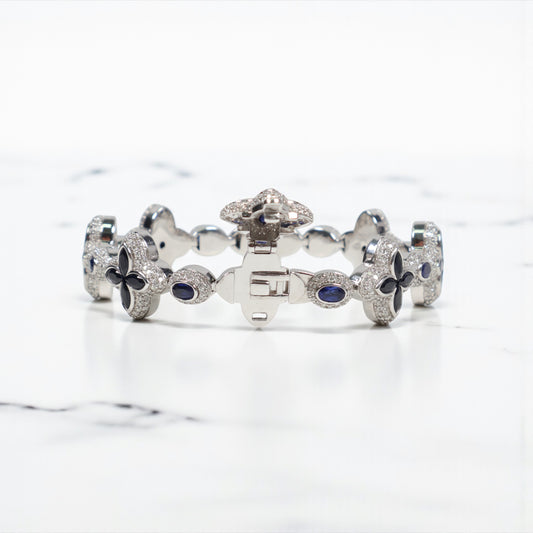 10K WG Diamond Clovers With Sapphire Bracelet / 43.4gr / 17mm / 8in / S-11.63Ct / D-6Ct