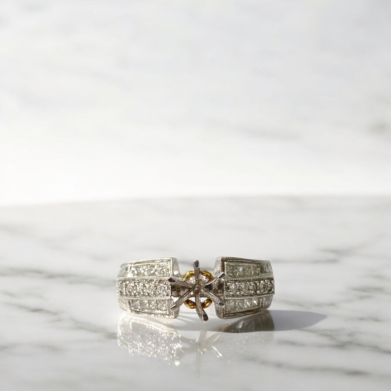 14K White-Yellow Gold Diamond Luxury Wedding Setting No Stone Engagement Ring Ct Dia Wed / 6.4gr / Size 7