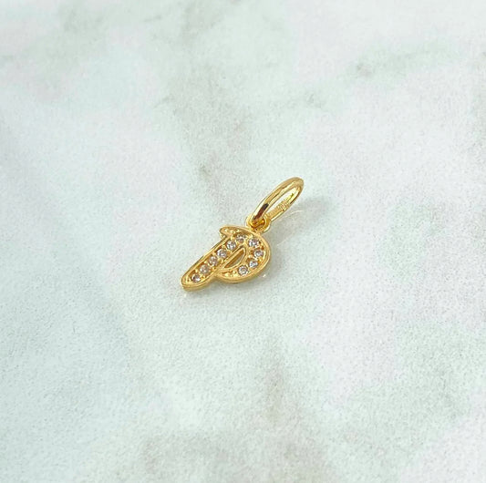 18K Yellow Gold Letter P Italics Pendant With Zircons / 0.64gr / 0.6in