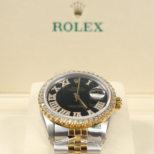 Rolex Datejust Dia Dial Black Face Roman Numbers Diamond Bezel Ref 16013 Watch / 36mm /