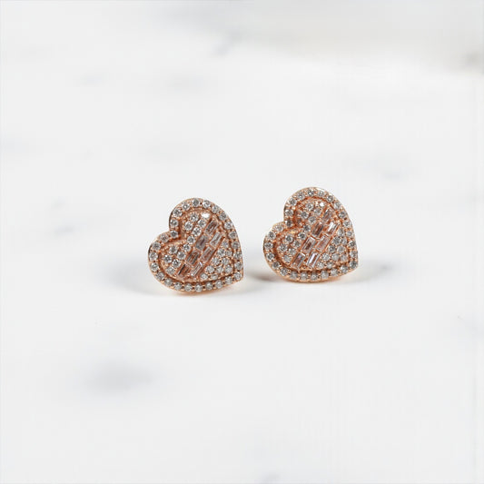 10K RG Diamond Double Heart Stud Earrings / 3.5gr / 11mm / D 0.70Ct