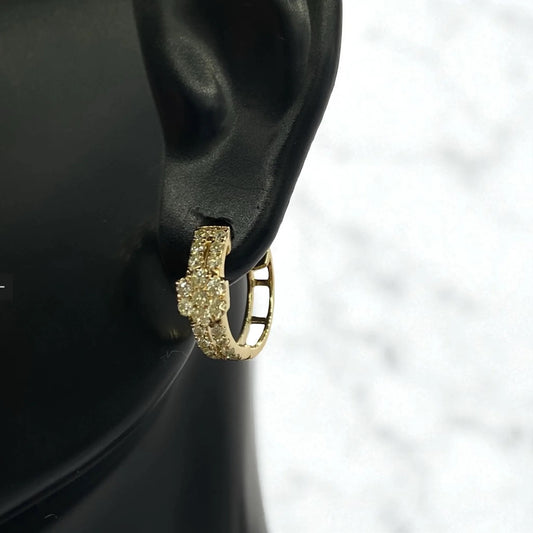 14K Yellow Gold Diamond Flower Luxury Hoop Earrings 0.48Ct / 1.8gr