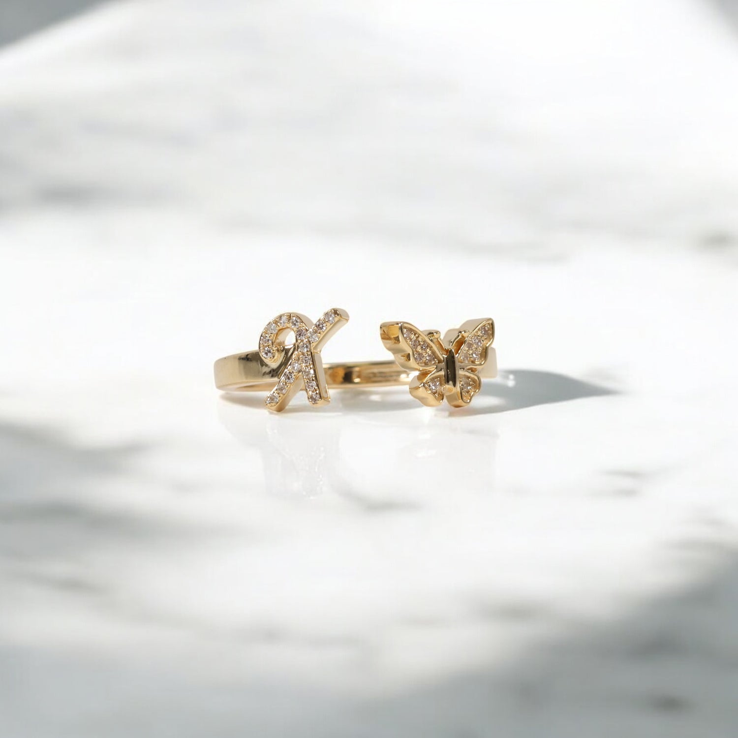 10K YG Diamond Butterfly - Letter X Rings / 2.22gr / Sz 7 / 0.09Wt Dia
