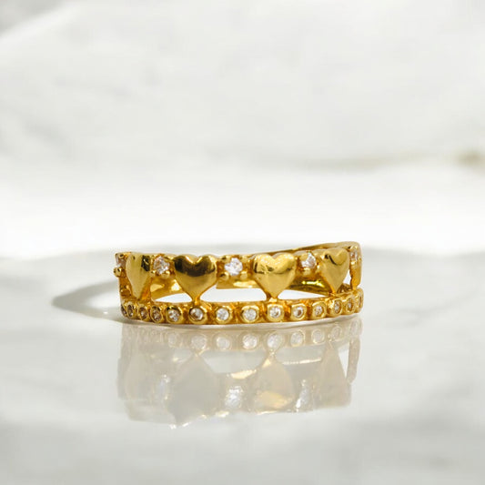 18K Yellow Gold Hearts Ring With Zircons / 2.6gr / Size 7