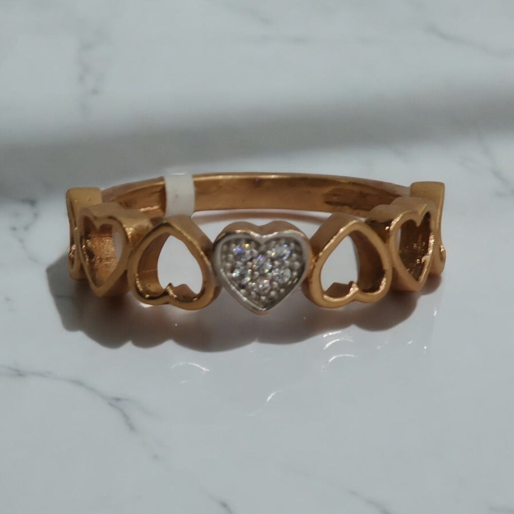 18K Rose Gold Hearts Ring With Zircons / 2.4gr / Size 6 1/2