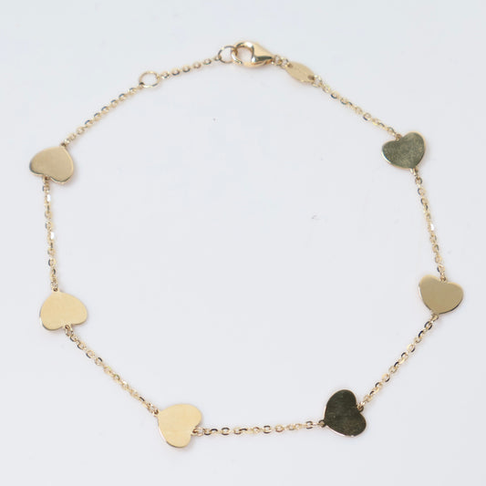 14K YG Little Flat Hearts Bracelet / 2.1gr / 1mm / 8in /