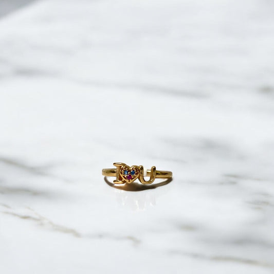 18K Yellow Gold I Love You Ring With Fucshia/Blue Zircons / 2gr / Size 7