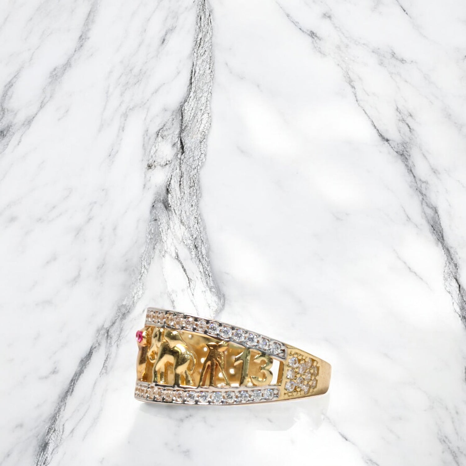14K Yellow Gold 13 Lucky Symbols Ring With Zirconia / 2.5gr / Size 6.5