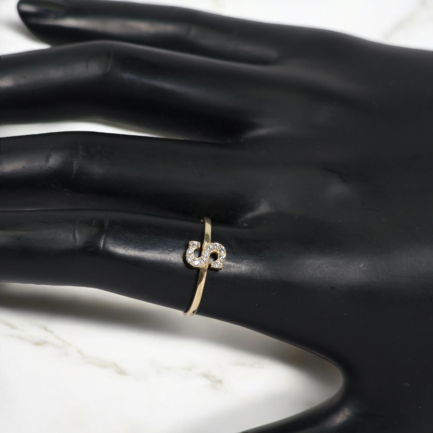 14K YG Letter S Rings / 1.28gr / Sz 7.5 / Zircons