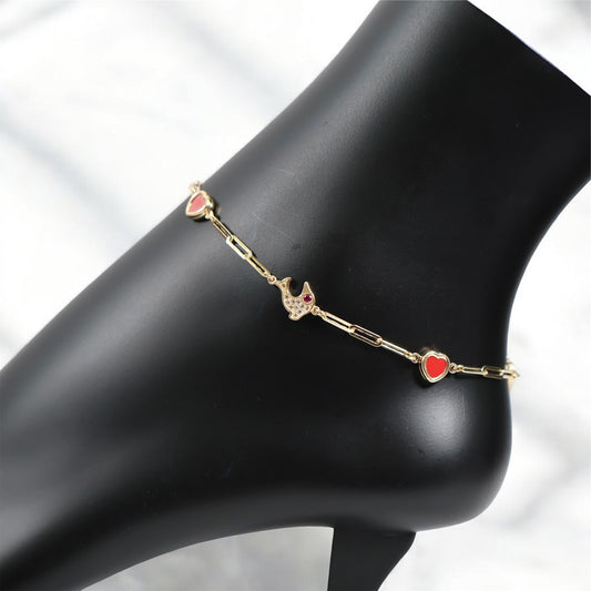 14K YG Paper Clip Heart-red / Dolphin Anklet / 5.63gr / 10.5in