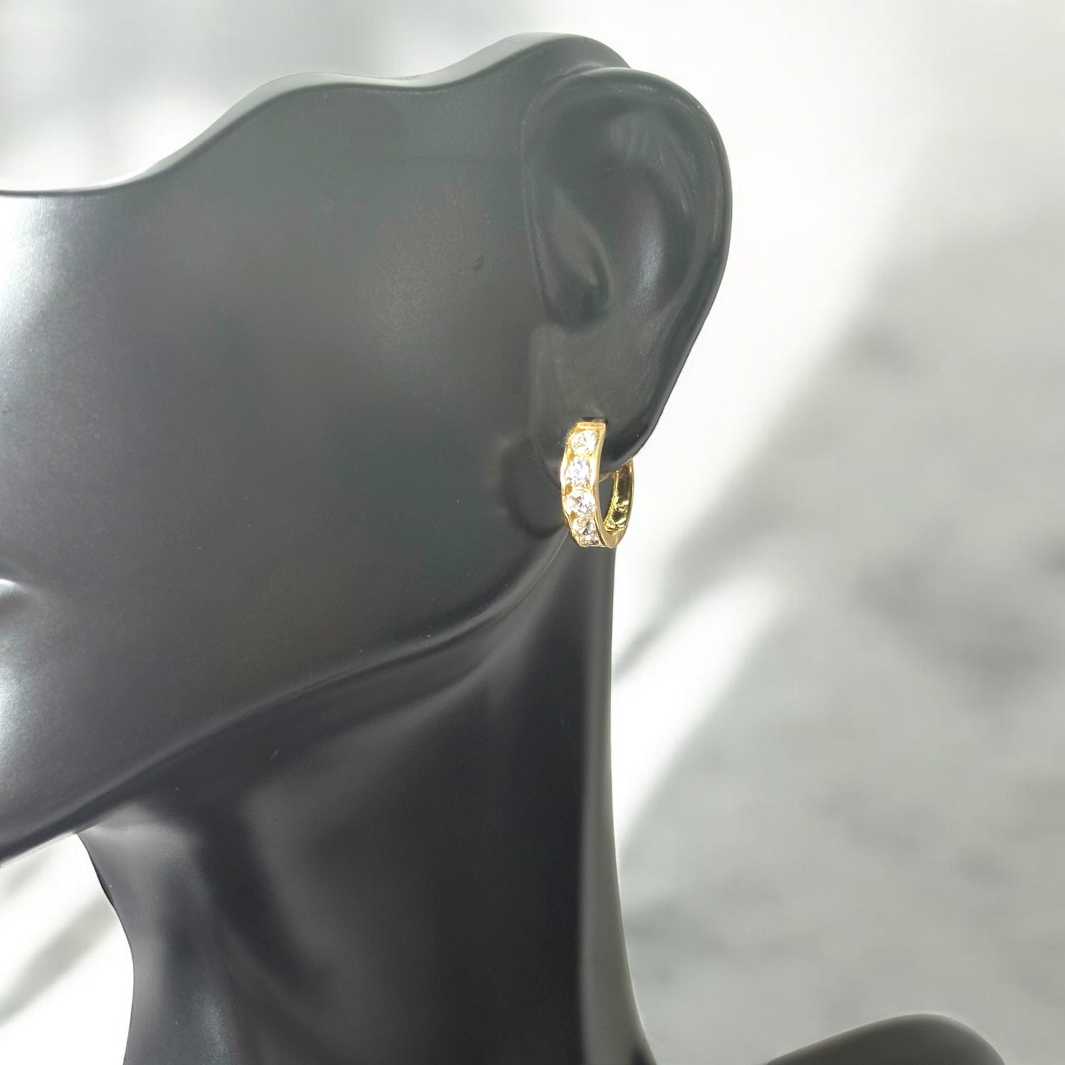 14K Yellow Gold Luxury Huggie Hoop Earrings With White Zircons / 1.2gr