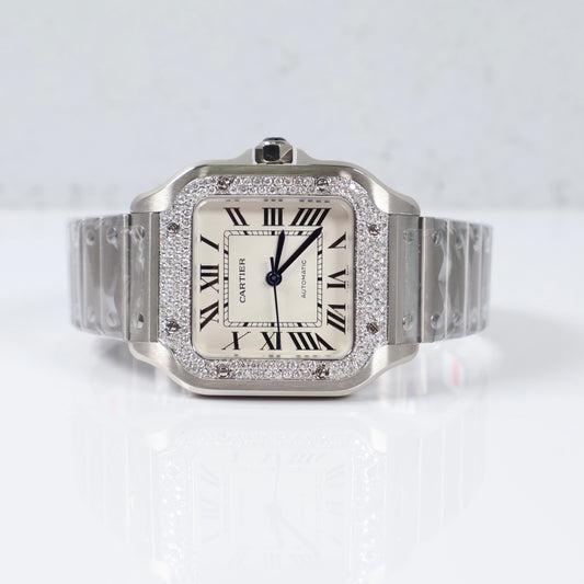 Cartier Santos White Face Lady - Diamond Bezel Watch / 36mm