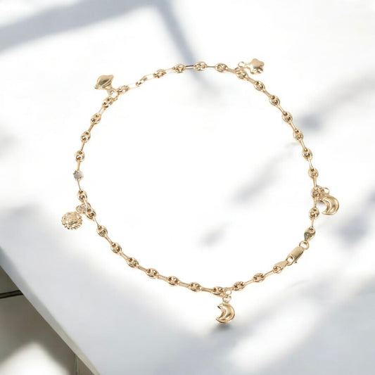 18K Yellow Gold Gc-Moon-Star-Saturn-Sun Anklet / 4.3gr / 3.6mm / 9.5in