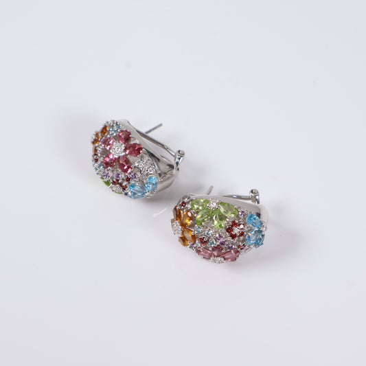 14K White Gold Colorful Flowers Stud Earrings / 13.7gr