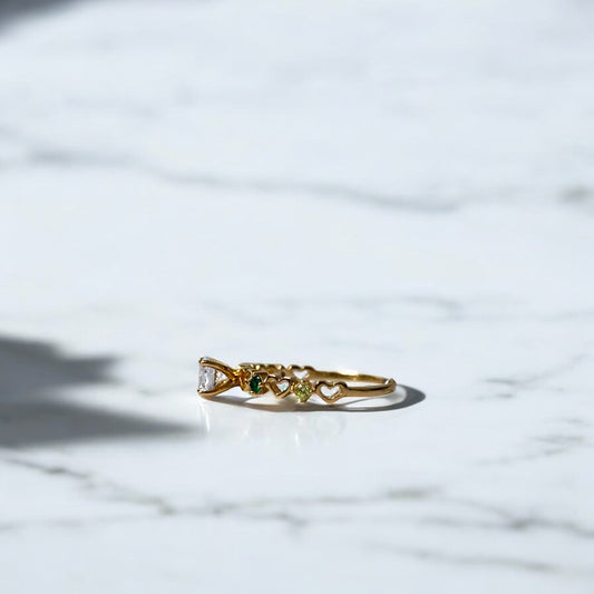 18K Yellow Gold Hearts Necklace Lonely Ring With Colored Zircons / 1.2gr / Size 5 1/4