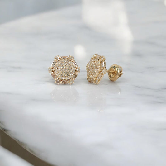 14K YG Diamond Luxury Hexagon Stud Earrings / 2.17gr / 10mm / 0.78Ct Dia