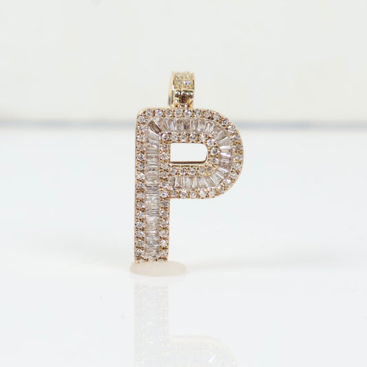 10K YG Diamond Baguette Letter P Pendant / 2.8gr / 0.8in / D-0.60Ct