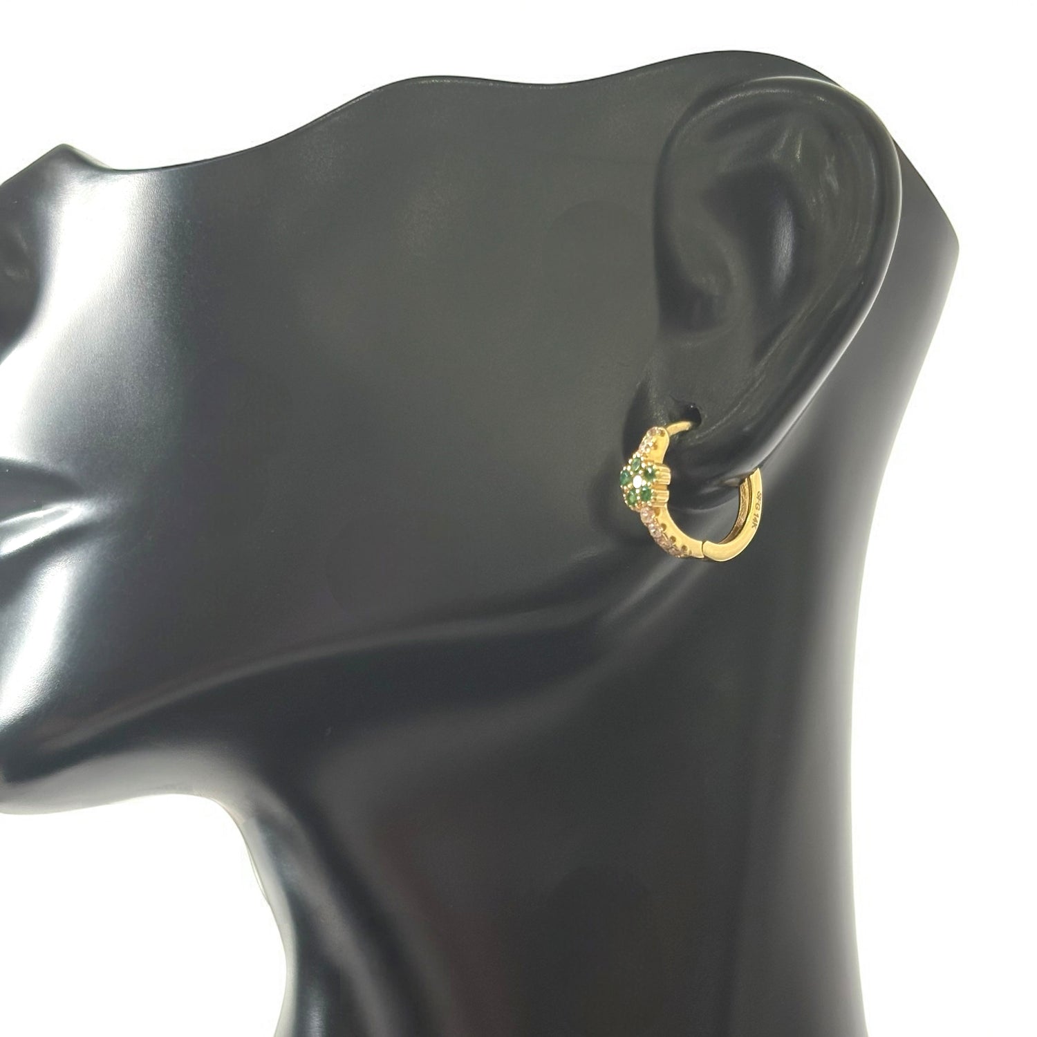 14K Yellow Gold Luxury Huggie Flower Hoop Earrings With Green Zircons / 1.2gr
