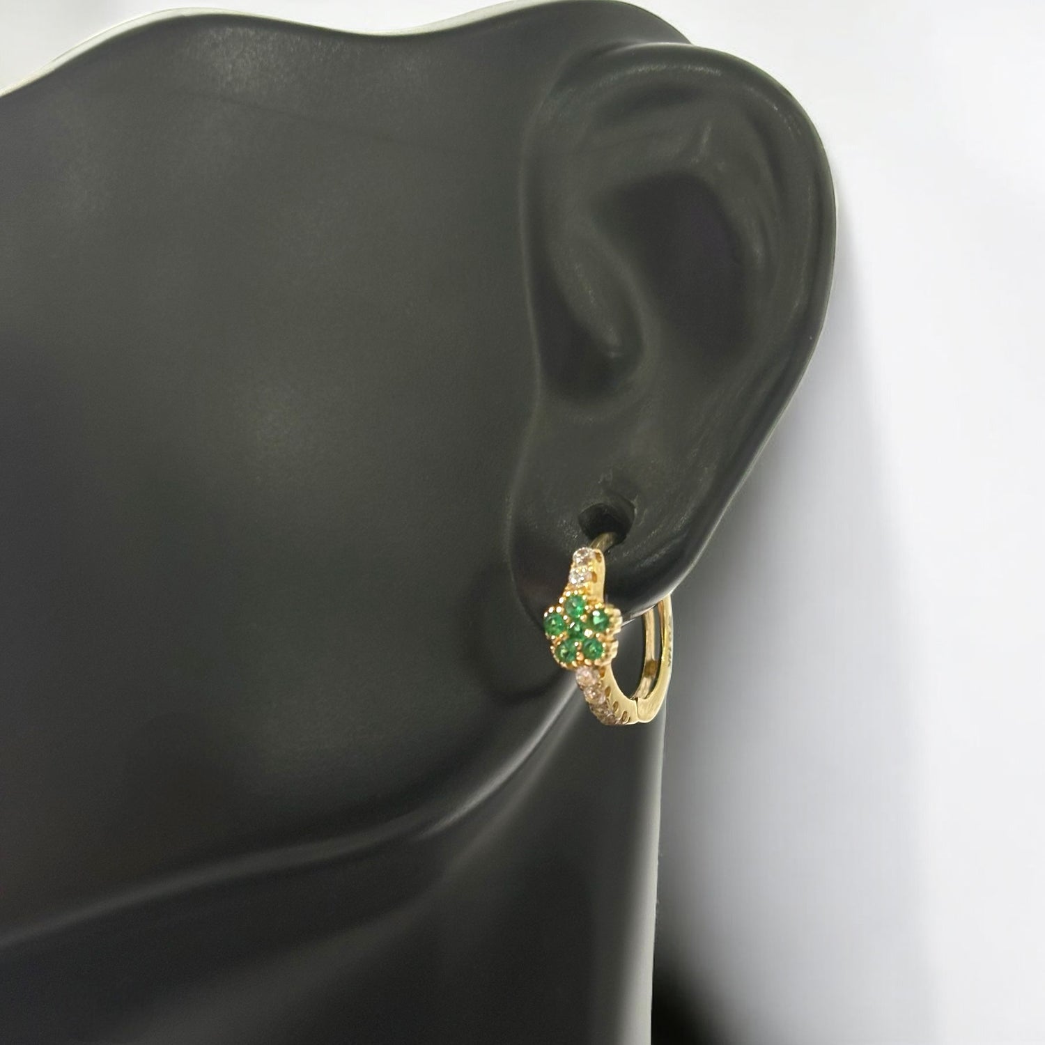 14K Yellow Gold Luxury Huggie Flower Hoop Earrings With Green Zircons / 1.2gr