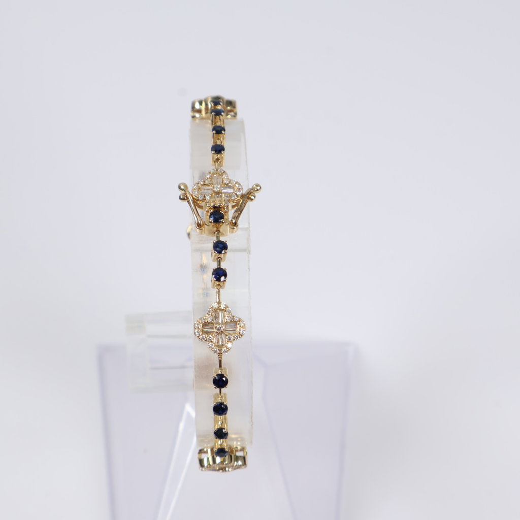 14K YG Diamond Clovers With Sapphire Bracelet / 11.35gr / 2.6mm / 7in / 1.40Ct / VS2-SI / G-H / 2.02Ct Sap