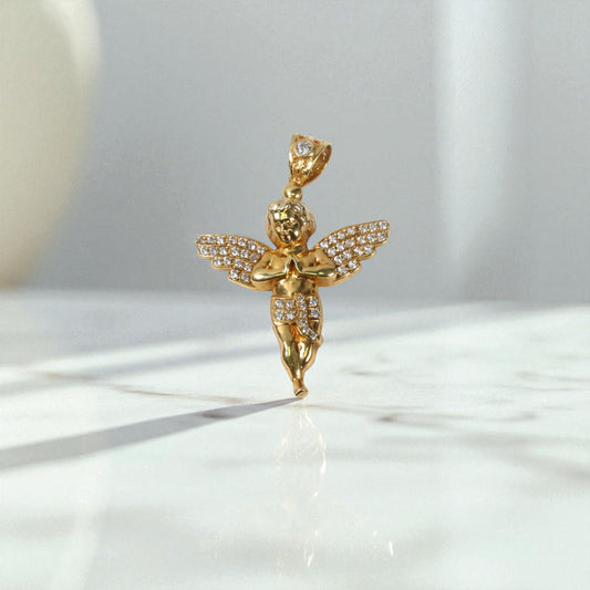 10K YG Angel Pendant / 4gr / 1.8in / White Zircons