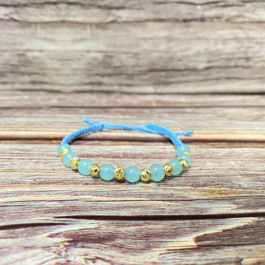 18K Yellow Gold Tejida Fashion Aquamarine Stones-Diamond Cut Balls Bracelet Adjustable / 1.76gr
