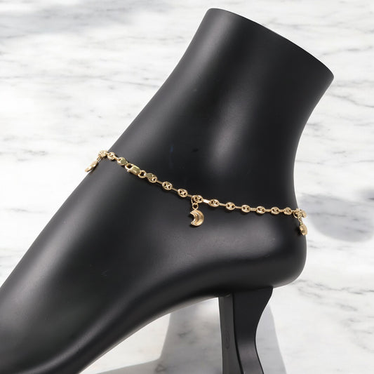 18K Yellow Gold Gc-Moon-Star-Saturn-Sun Anklet / 4.3gr / 3.6mm / 9.5in