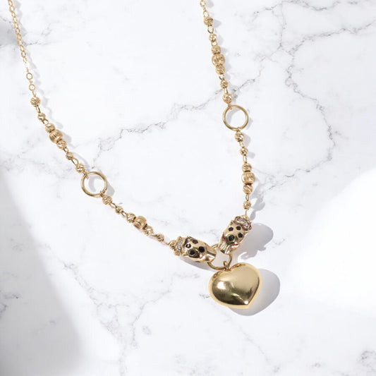 14K Yellow Gold Panther/Heart Chain With Zircons / 7.5gr / 1.9mm / 17in