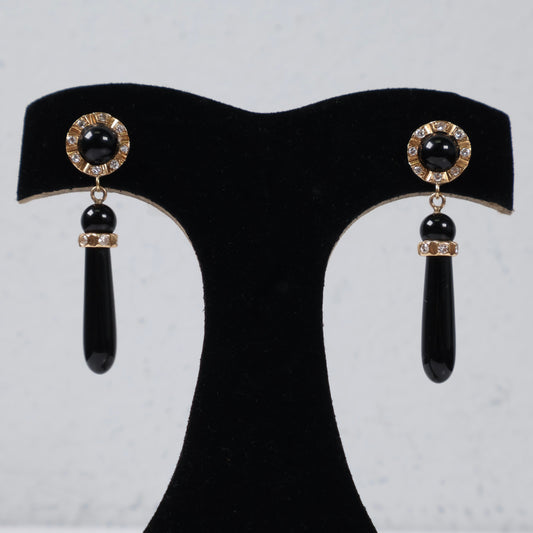 14K Yellow Gold Onix Flower Stud Earrings / 7.4gr