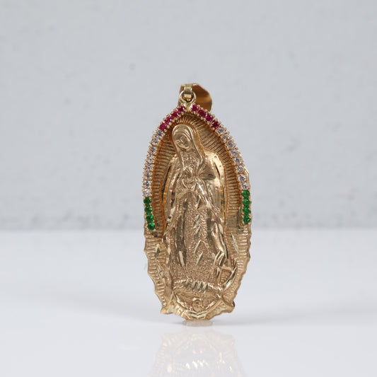 Virgen De Guadalupe Pendant 14K Yellow Gold Colors Zirconia / 17.6gr