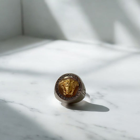 18K White-Yellow Gold Medusa Round Ring / 9.4gr / Size 9 1/2