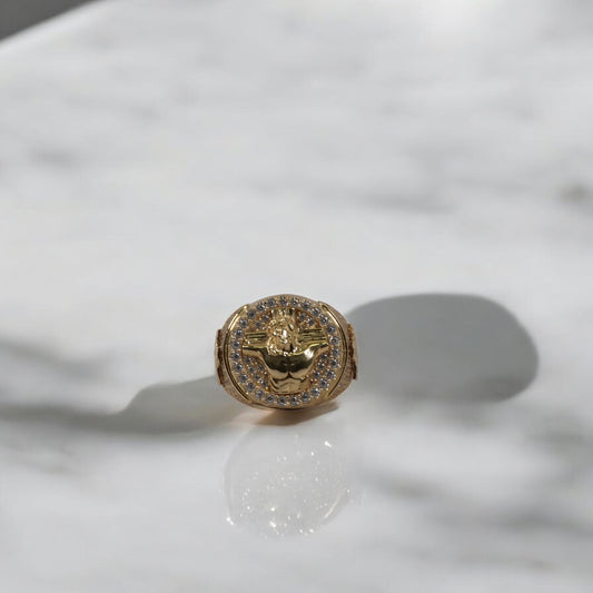 14K YG Crusifix Rings / 9.41gr / Sz 9.5 / White Zircons