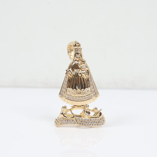 14K YG The Virgin Of Charity Of Copper Pendant / 7.26gr / 1.7in / White Zircons