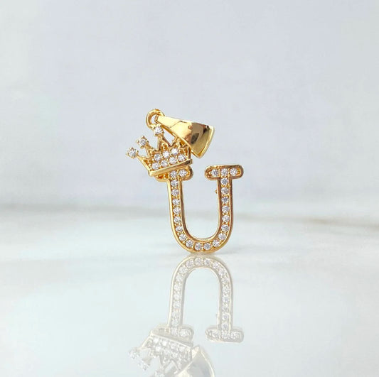 18K Yellow Gold Letter U With Crown Pendant With Zircons / 1.59gr / 1in
